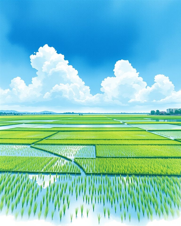 Watercolor illustration of Flooded green rice paddies mirroring the blue sky and fluffy white clouds, high-angle view from above, cool blue tones, quiet atmosphere, 4:5 aspect ratio