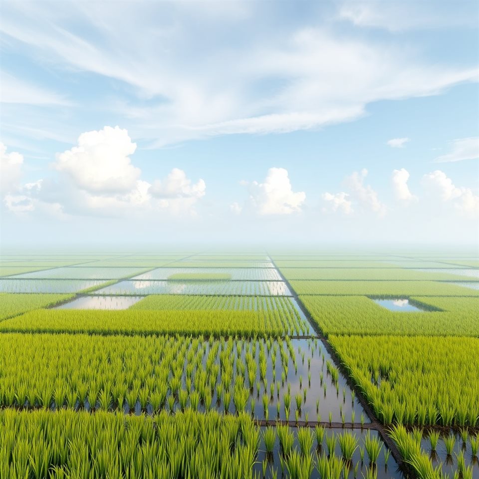 Soft 3D render of Flooded green rice paddies mirroring the blue sky and fluffy white clouds, wide shot with open space at the top for text, misty morning haze, dreamy, 1:1 aspect ratio