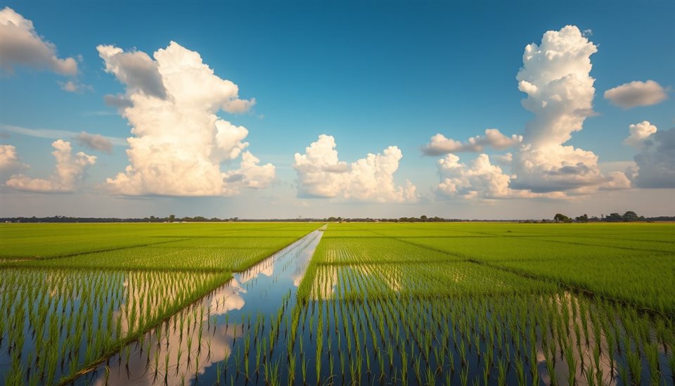 Photorealistic photo of Flooded green rice paddies mirroring the blue sky and fluffy white clouds, centered subject with a simple uncluttered composition, warm golden light, calm mood, 16:9 aspect ratio