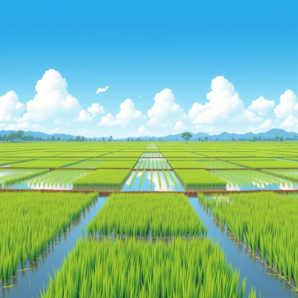 Minimal flat illustration of Flooded green rice paddies mirroring the blue sky and fluffy white clouds, wide shot with open space at the top for text, soft pastel colors, bright and cozy, 1:1 aspect ratio