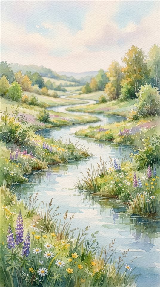 Watercolor illustration of winding river through a valley, close-up detail with shallow depth of field, soft pastel colors, bright and cozy, 9:16 aspect ratio