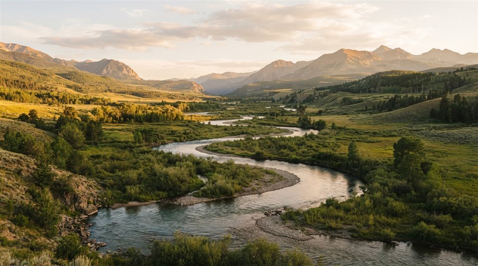 Photorealistic photo of winding river through a valley, centered subject with a simple uncluttered composition, warm golden light, calm mood, 16:9 aspect ratio