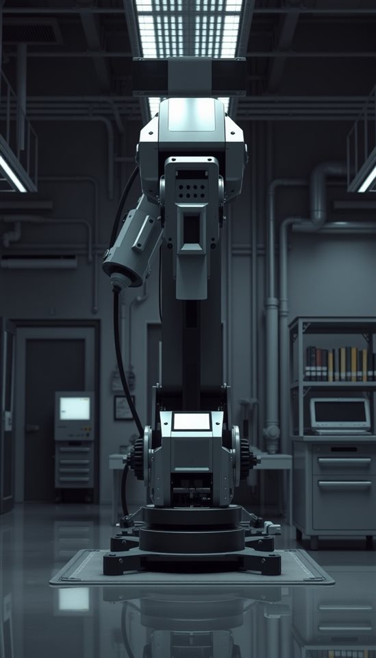 Photorealistic photo of An advanced industrial robotic arm precision-working in a clean, futuristic laboratory, centered subject with a simple uncluttered composition, moody dark tones, dramatic lighting, 9:16 aspect ratio
