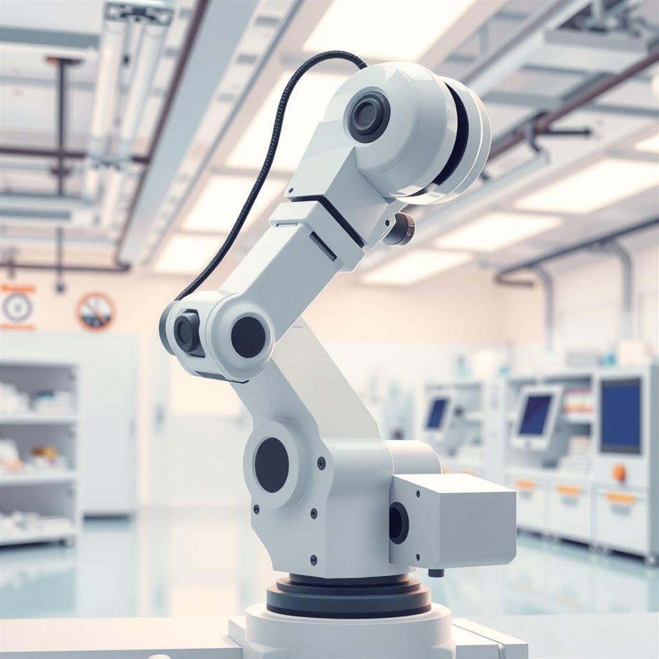 Minimal flat illustration of An advanced industrial robotic arm precision-working in a clean, futuristic laboratory, close-up detail with shallow depth of field, soft pastel colors, bright and cozy, 1:1 aspect ratio