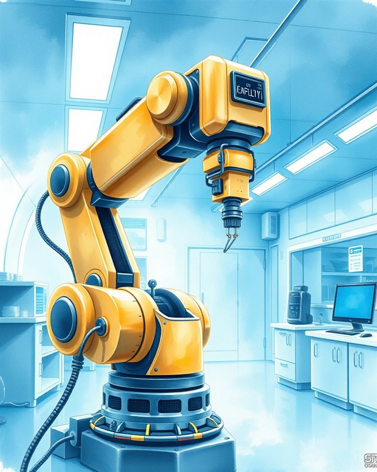 Watercolor illustration of An advanced industrial robotic arm precision-working in a clean, futuristic laboratory, wide shot with open space at the top for text, cool blue tones, quiet atmosphere, 4:5 aspect ratio