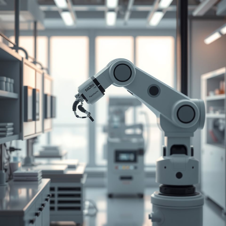 Soft 3D render of An advanced industrial robotic arm precision-working in a clean, futuristic laboratory, close-up detail with shallow depth of field, misty morning haze, dreamy, 1:1 aspect ratio