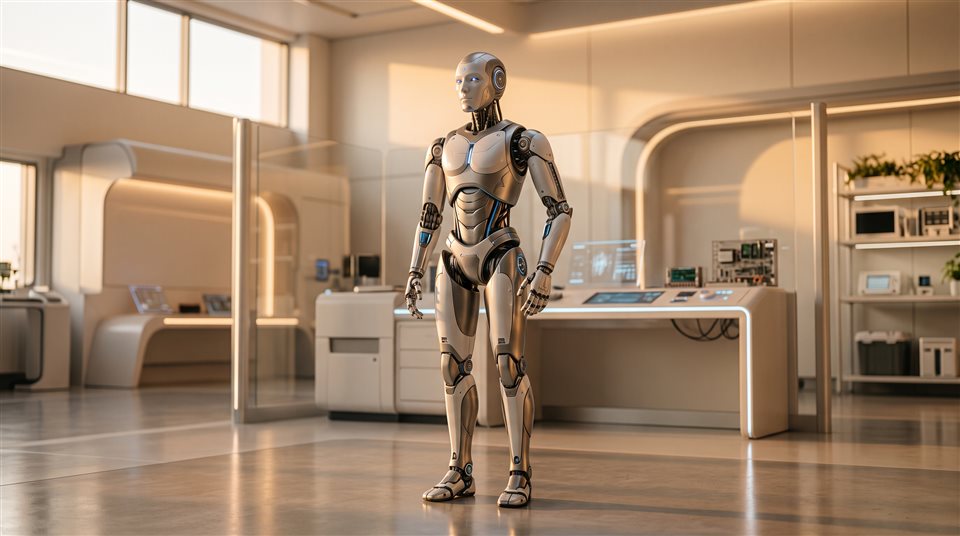 未来的な研究所にいるヒューマノイドロボットの写実的な写真、シンプルですっきりした構図の中央に配置された被写体、温かみのある黄金色の光、落ち着いた雰囲気、16:9 アスペクト比