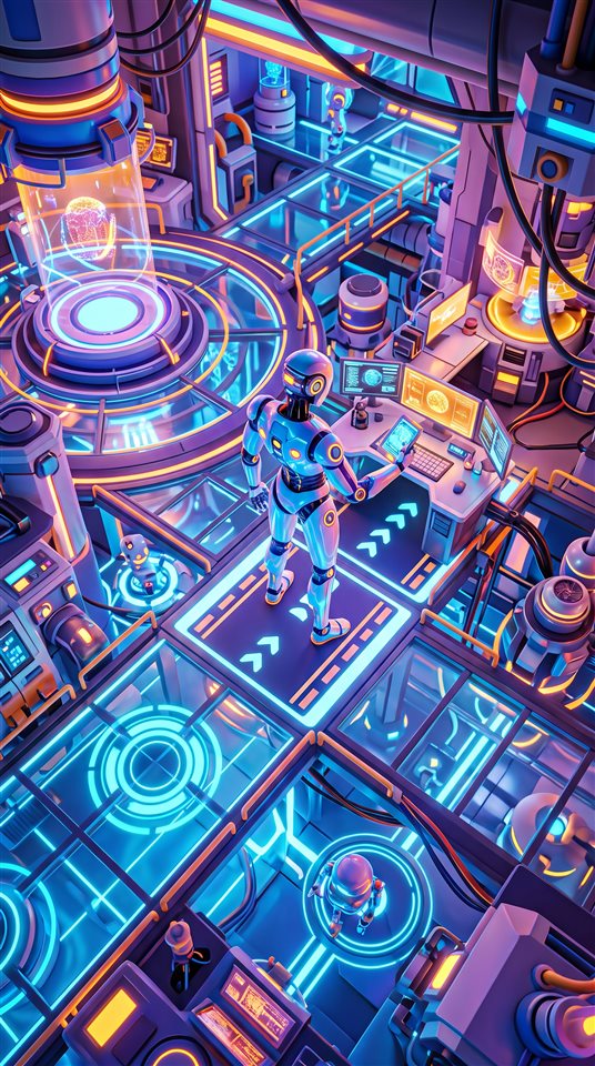 Renderização 3D suave de um robô humanoide em um laboratório futurista, vista de cima em ângulo alto, cores vívidas, alto contraste, energético, proporção 9:16