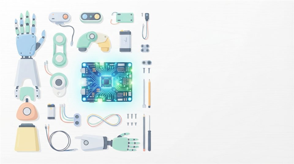 Minimal flat illustration of Flat lay of futuristic robot parts and glowing circuit boards on a clean white desk, top-down view with generous negative space for text, high-angle view from above, soft pastel colors, bright and cozy, 16:9 aspect ratio