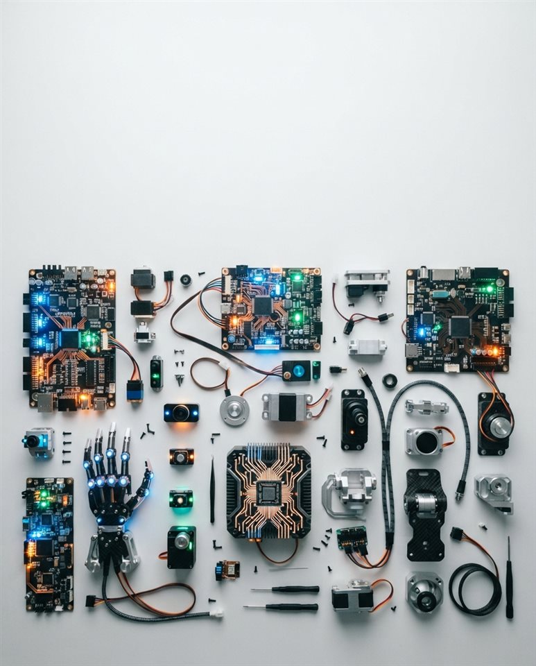 Cinematic film still of Flat lay of futuristic robot parts and glowing circuit boards on a clean white desk, top-down view with generous negative space for text, wide shot with open space at the top for text, vivid colors, high contrast, energetic, 4:5 aspect ratio