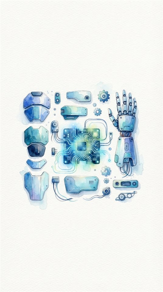Watercolor illustration of Flat lay of futuristic robot parts and glowing circuit boards on a clean white desk, top-down view with generous negative space for text, centered subject with a simple uncluttered composition, cool blue tones, quiet atmosphere, 9:16 aspect ratio