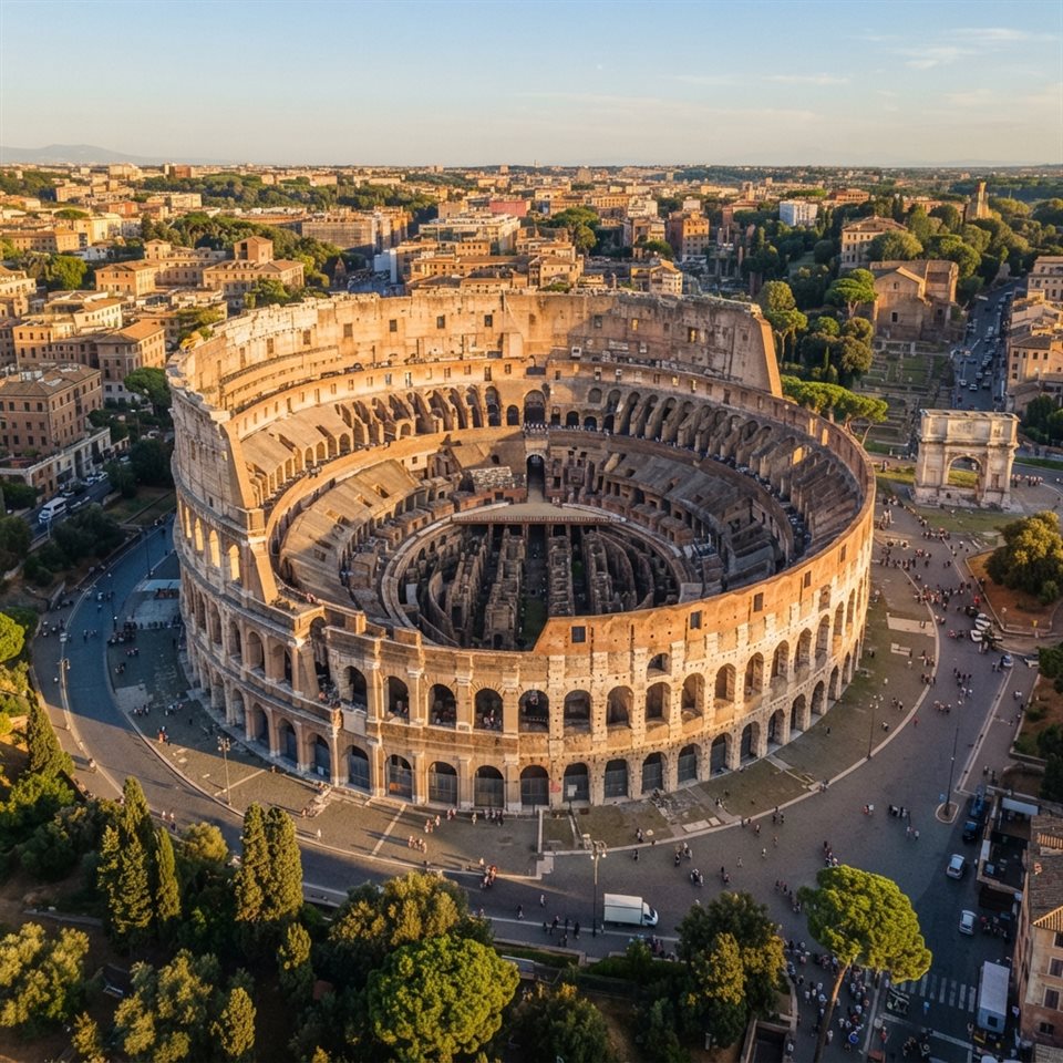 Photorealistic photo of the Colosseum in Rome, high-angle view from above, warm golden light, calm mood, 1:1 aspect ratio
