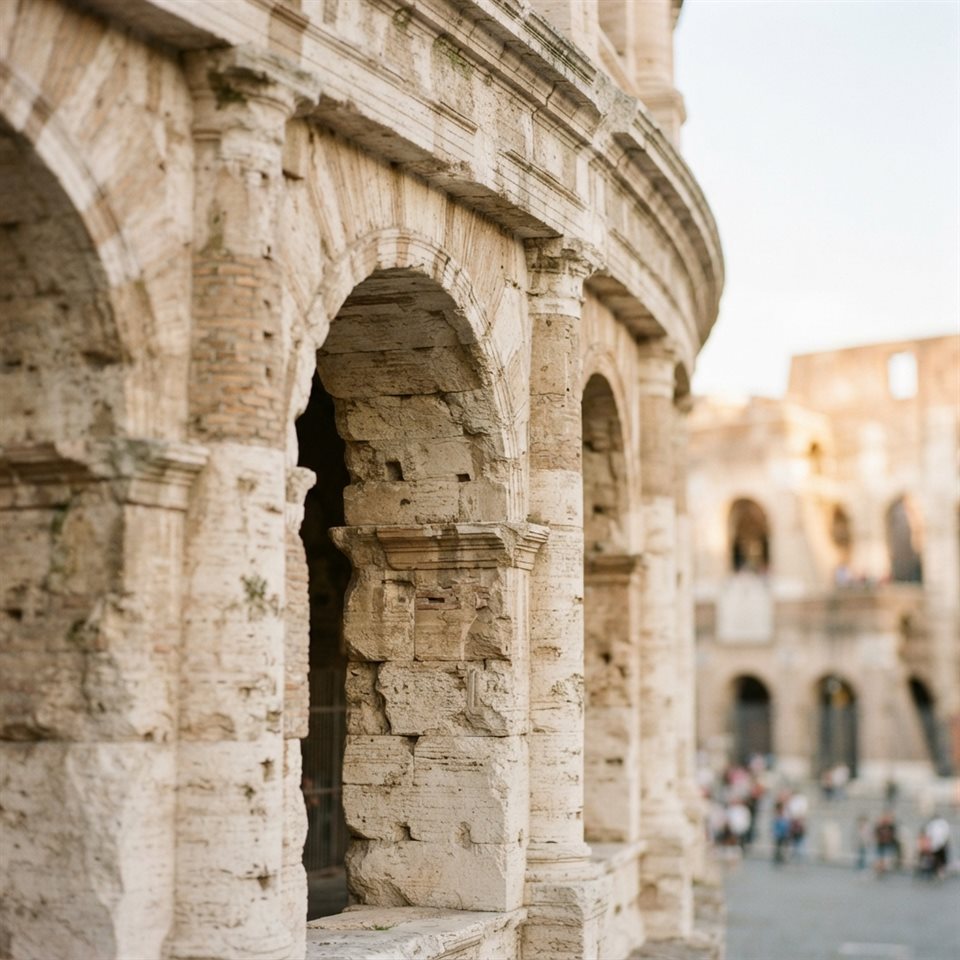 Photorealistic photo of the Colosseum in Rome, close-up detail with shallow depth of field, soft pastel colors, bright and cozy, 1:1 aspect ratio