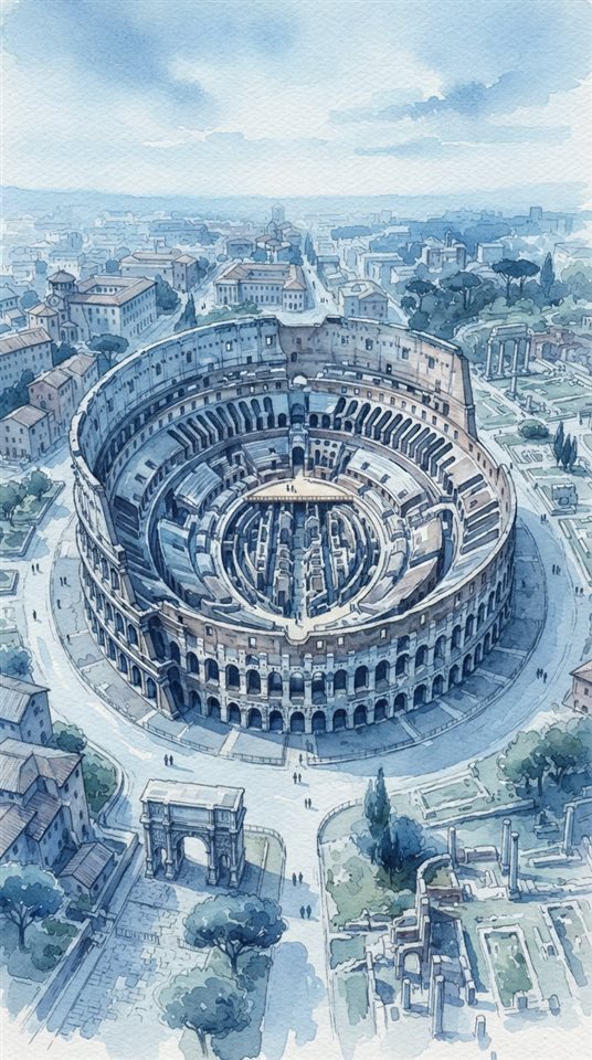 Watercolor illustration of the Colosseum in Rome, high-angle view from above, cool blue tones, quiet atmosphere, 9:16 aspect ratio