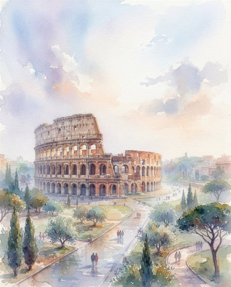 Watercolor illustration of the Colosseum in Rome, wide shot with open space at the top for text, misty morning haze, dreamy, 4:5 aspect ratio
