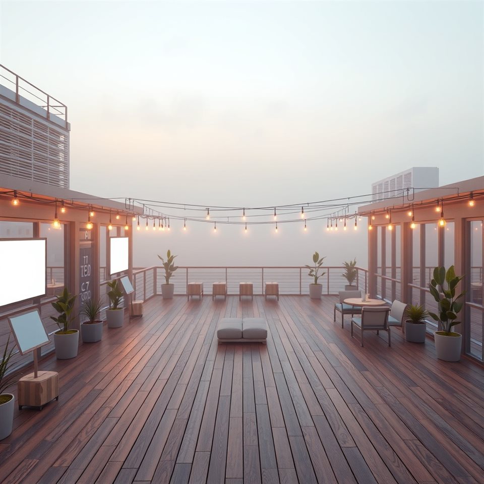 Soft 3D render of An empty modern urban rooftop terrace with wooden flooring and string lights at twilight, high-angle view from above, misty morning haze, dreamy, 1:1 aspect ratio