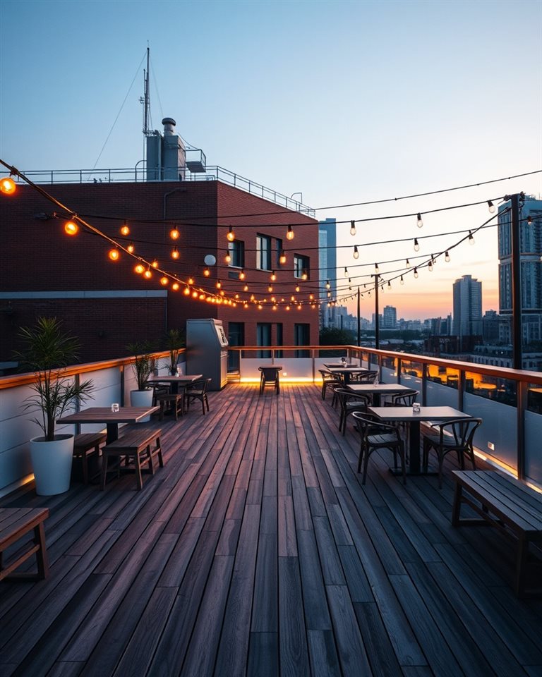 Cinematic film still of An empty modern urban rooftop terrace with wooden flooring and string lights at twilight, centered subject with a simple uncluttered composition, vivid colors, high contrast, energetic, 4:5 aspect ratio