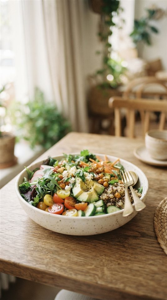 Cinematic film still of healthy salad bowl, centered subject with a simple uncluttered composition, soft pastel colors, bright and cozy, 9:16 aspect ratio