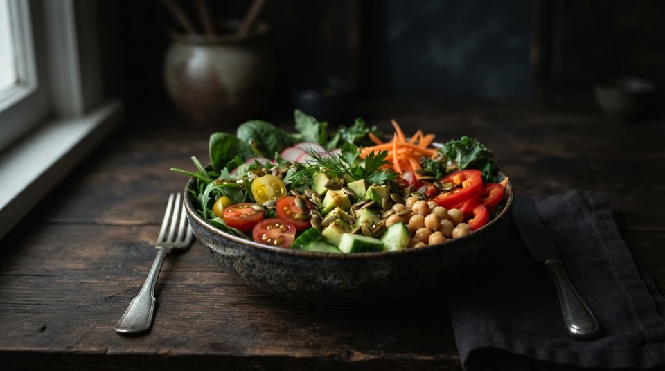 Photorealistic photo of healthy salad bowl, centered subject with a simple uncluttered composition, moody dark tones, dramatic lighting, 16:9 aspect ratio
