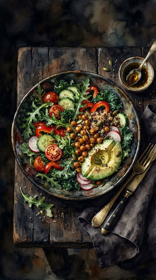 Watercolor illustration of healthy salad bowl, high-angle view from above, moody dark tones, dramatic lighting, 9:16 aspect ratio