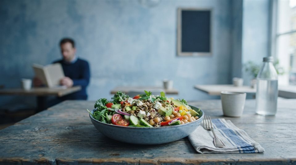 Photorealistic photo of healthy salad bowl, wide shot with open space at the top for text, cool blue tones, quiet atmosphere, 16:9 aspect ratio