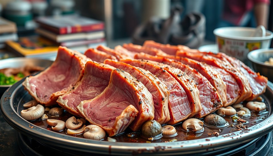 Cinematic film still of Thick slices of fresh pork belly grilling on a hot metal plate with garlic and mushrooms, wide shot with open space at the top for text, vivid colors, high contrast, energetic, 16:9 aspect ratio