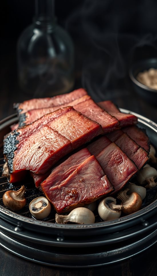 Photorealistic photo of Thick slices of fresh pork belly grilling on a hot metal plate with garlic and mushrooms, wide shot with open space at the top for text, moody dark tones, dramatic lighting, 9:16 aspect ratio