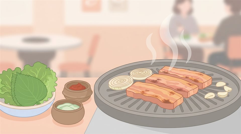 Minimal flat illustration of grilled pork belly on a Korean barbecue grill with lettuce, close-up detail with shallow depth of field, soft pastel colors, bright and cozy, 16:9 aspect ratio