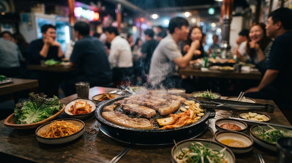 Cinematic film still of grilled pork belly on a Korean barbecue grill with lettuce, wide shot with open space at the top for text, vivid colors, high contrast, energetic, 16:9 aspect ratio