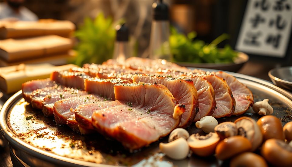 Photorealistic photo of Thick slices of fresh pork belly grilling on a hot metal plate with garlic and mushrooms, close-up detail with shallow depth of field, warm golden light, calm mood, 16:9 aspect ratio