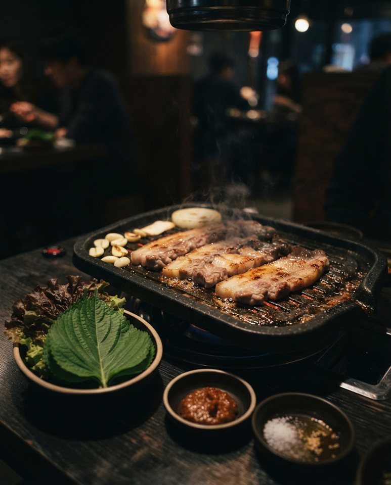 Photorealistic photo of grilled pork belly on a Korean barbecue grill with lettuce, centered subject with a simple uncluttered composition, moody dark tones, dramatic lighting, 4:5 aspect ratio