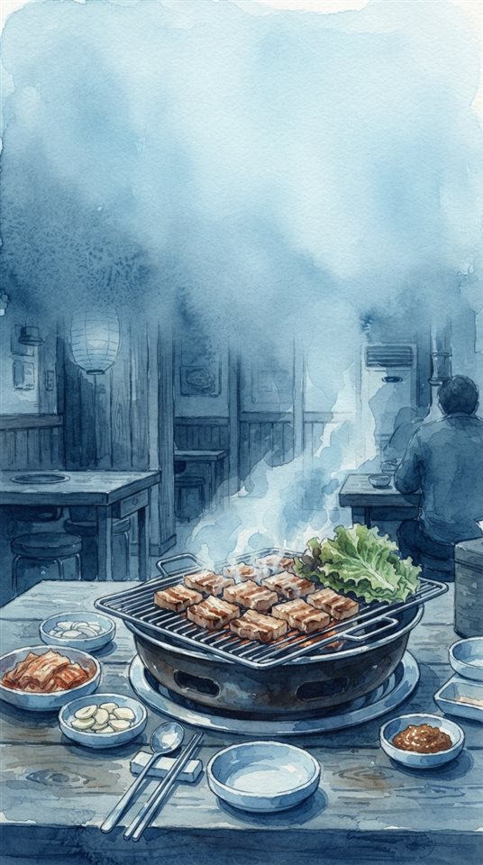상추와 함께 불판 위에서 굽는 삼겹살, 수채화 일러스트, 위쪽에 글자 넣을 여백이 있는 넓은 구도, 차가운 푸른 톤, 고요한 분위기, 9:16 비율