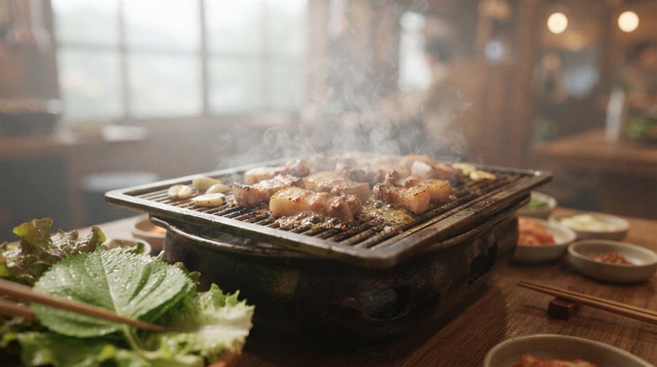 상추와 함께 불판 위에서 굽는 삼겹살, 부드러운 3D 렌더링, 가까이 담은 디테일, 얕은 심도, 아침 안개, 몽환적인 분위기, 16:9 비율