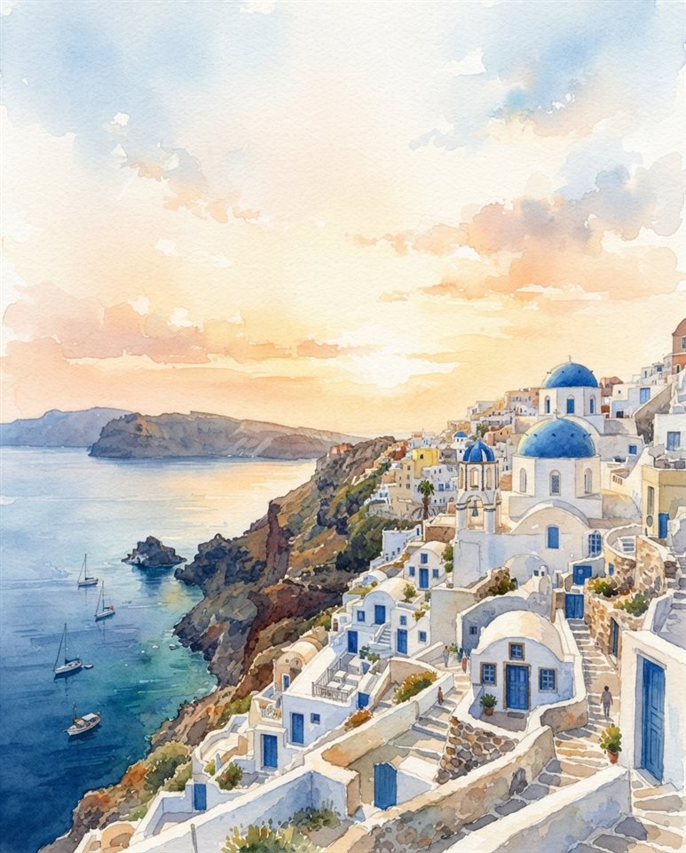 Watercolor illustration of white houses of Santorini above the sea, wide shot with open space at the top for text, warm golden light, calm mood, 4:5 aspect ratio