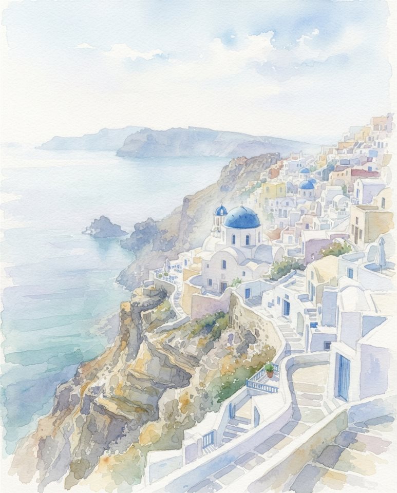 Watercolor illustration of white houses of Santorini above the sea, centered subject with a simple uncluttered composition, misty morning haze, dreamy, 4:5 aspect ratio