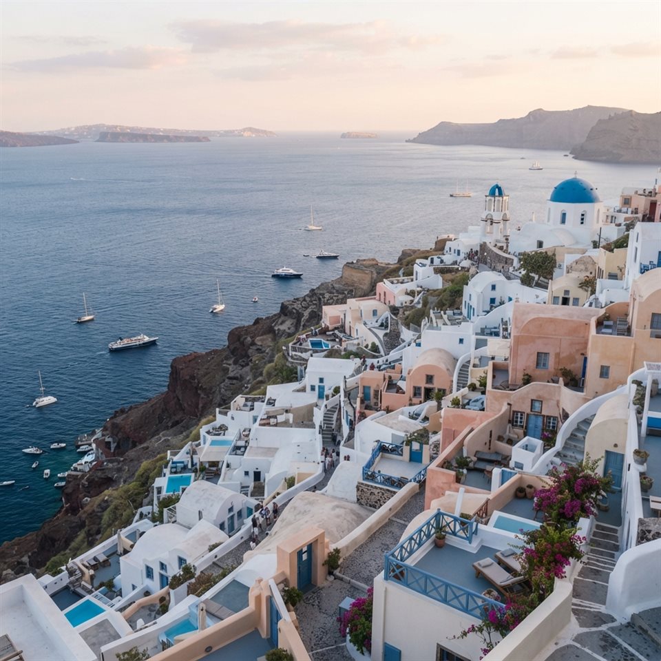 Photorealistic photo of white houses of Santorini above the sea, high-angle view from above, soft pastel colors, bright and cozy, 1:1 aspect ratio