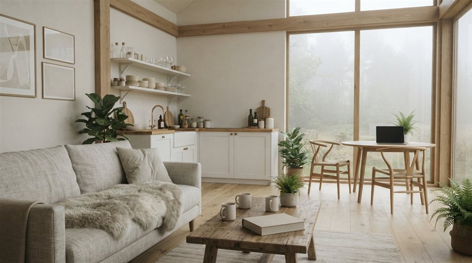 Photorealistic photo of a scandinavian style interior, wide shot with open space at the top for text, misty morning haze, dreamy, 16:9 aspect ratio