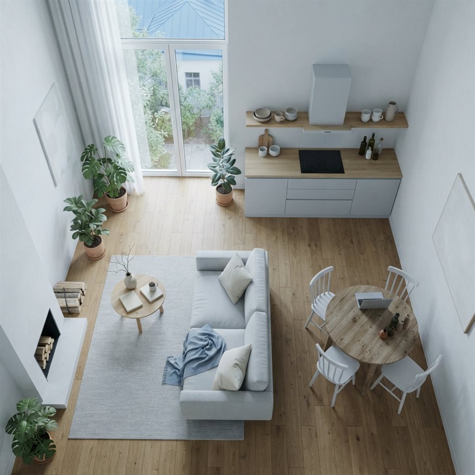Photorealistic photo of a scandinavian style interior, high-angle view from above, cool blue tones, quiet atmosphere, 1:1 aspect ratio