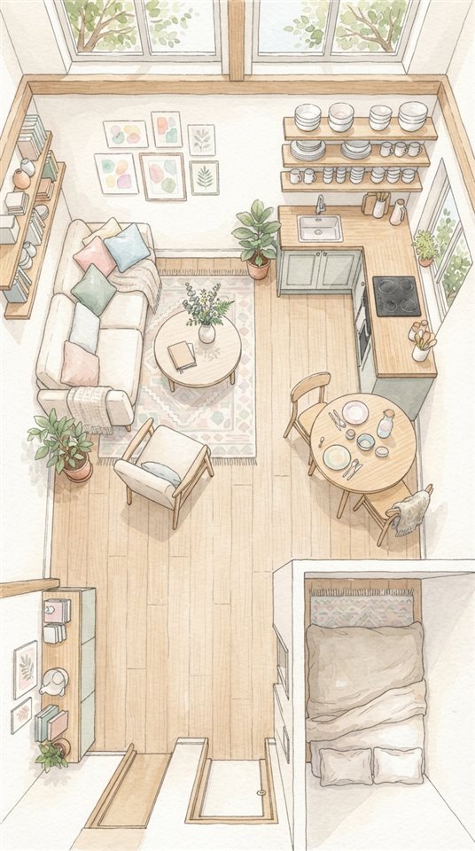 Watercolor illustration of a scandinavian style interior, high-angle view from above, soft pastel colors, bright and cozy, 9:16 aspect ratio