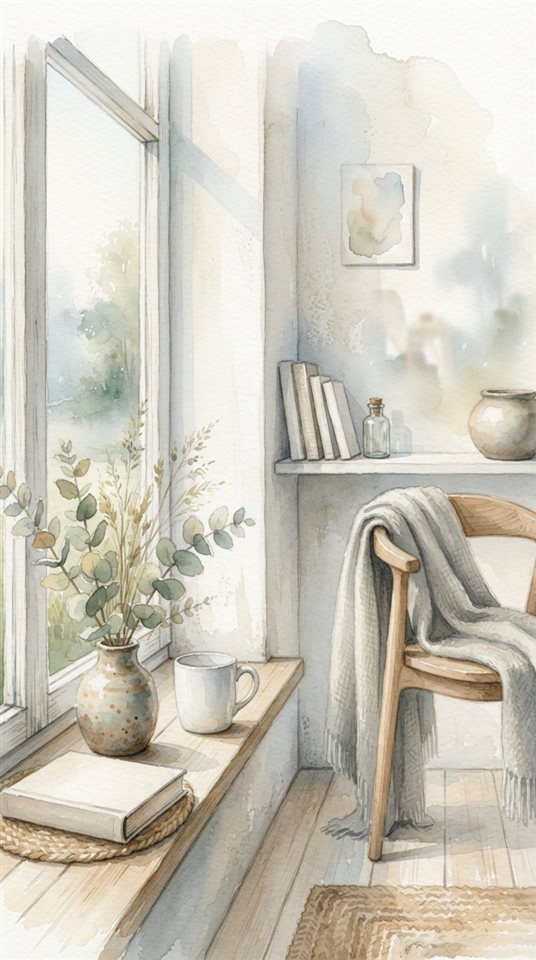 Watercolor illustration of a scandinavian style interior, close-up detail with shallow depth of field, misty morning haze, dreamy, 9:16 aspect ratio
