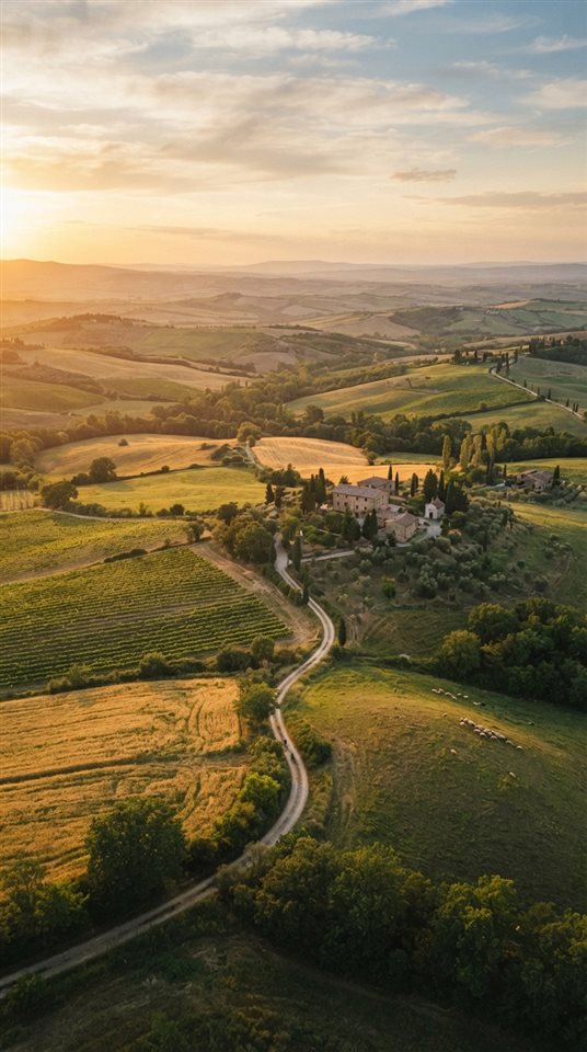 Cinematic film still of peaceful countryside scenery with rolling hills, high-angle view from above, warm golden light, calm mood, 9:16 aspect ratio
