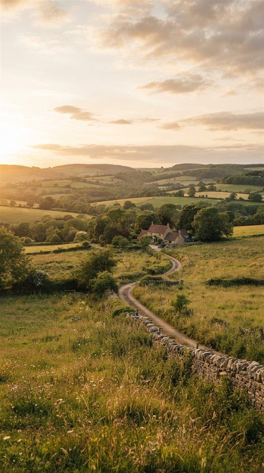 Photorealistic photo of peaceful countryside scenery with rolling hills, wide shot with open space at the top for text, warm golden light, calm mood, 9:16 aspect ratio