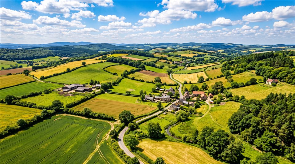 Photorealistic photo of peaceful countryside scenery with rolling hills, high-angle view from above, vivid colors, high contrast, energetic, 16:9 aspect ratio