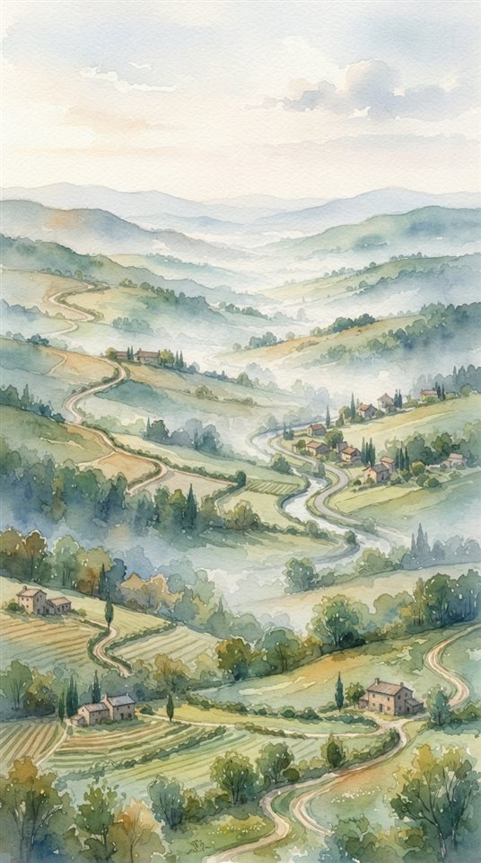 Watercolor illustration of peaceful countryside scenery with rolling hills, high-angle view from above, misty morning haze, dreamy, 9:16 aspect ratio