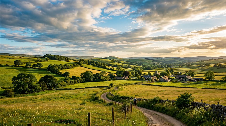 Cinematic film still of peaceful countryside scenery with rolling hills, wide shot with open space at the top for text, vivid colors, high contrast, energetic, 16:9 aspect ratio