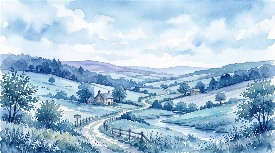 Watercolor illustration of peaceful countryside scenery with rolling hills, wide shot with open space at the top for text, cool blue tones, quiet atmosphere, 16:9 aspect ratio