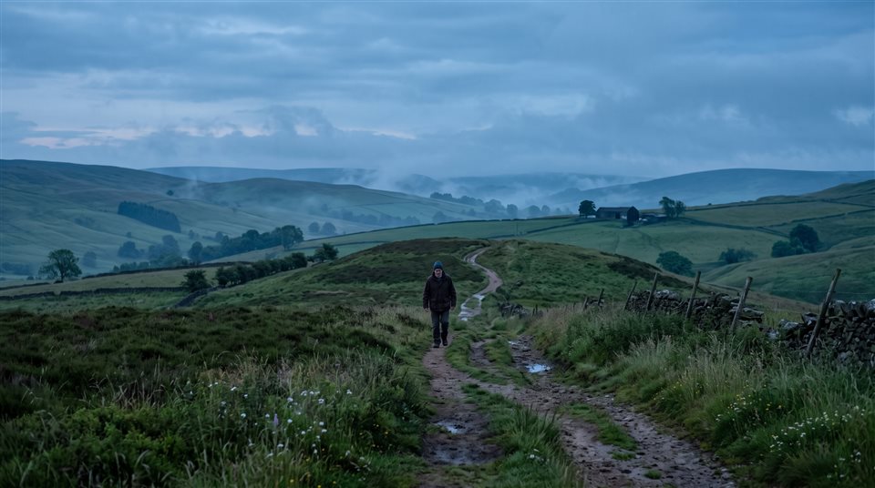Cinematic film still of peaceful countryside scenery with rolling hills, centered subject with a simple uncluttered composition, cool blue tones, quiet atmosphere, 16:9 aspect ratio