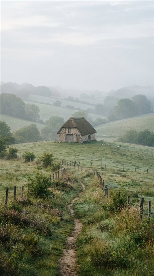 Photorealistic photo of peaceful countryside scenery with rolling hills, centered subject with a simple uncluttered composition, misty morning haze, dreamy, 9:16 aspect ratio