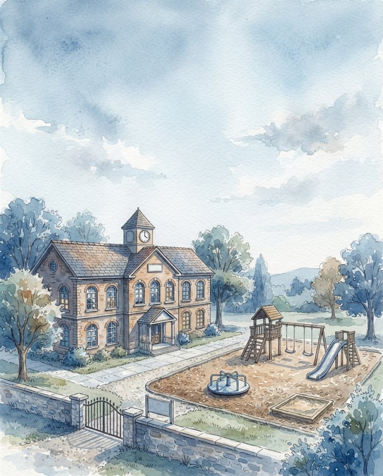 Watercolor illustration of a school building with a playground, wide shot with open space at the top for text, cool blue tones, quiet atmosphere, 4:5 aspect ratio