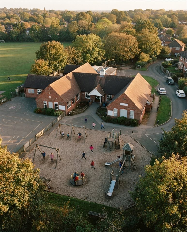Cinematic film still of a school building with a playground, high-angle view from above, warm golden light, calm mood, 4:5 aspect ratio